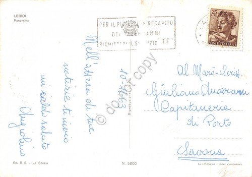 Cartolina Lerici panorama dal mare barca a vela 1963 timbro …