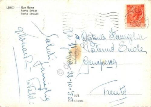 Cartolina Lerici Via Roma auto bus palazzi 1955