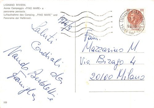Cartolina Lignano Riviera Area campeggio Pino Mare 1976