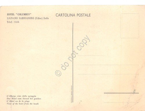 Cartolina Lignano Sabbiadoro Hotel Columbus dal mare spiaggi animata | Immagine Gallery 2