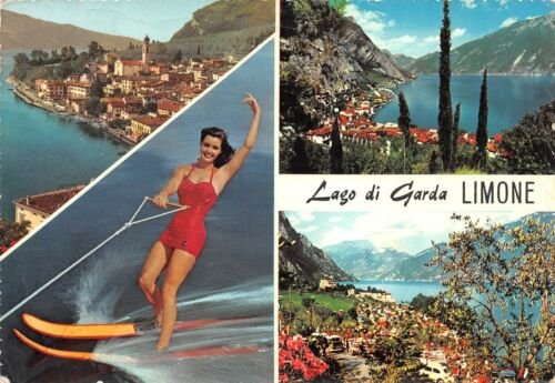 Cartolina Limone Lago di Garda Pin Up Sci d'Acqua Vedutine …