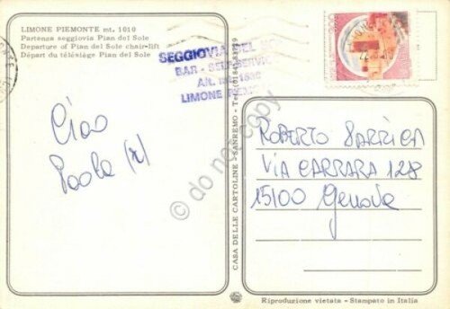 Cartolina Limone Piemonte partenza seggiovia Pian del Sole animata timbro …