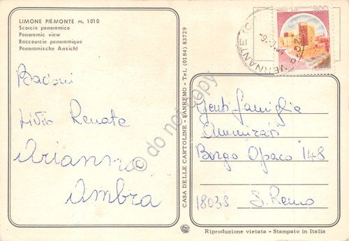 Cartolina Limone Piemonte Scorcio panoramico paese sciatori case auto 1984
