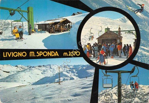 Cartolina Livigno M. Sponda grafica seggiovia sciatori skilift sciatori 1978 | Immagine principale