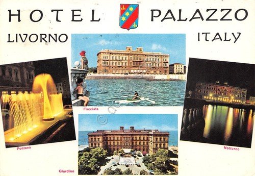 Cartolina Livorno Hotel Palazzo vedute facciata giardino notturno fontana