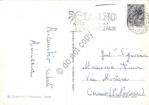 Cartolina Loano Bagni Florida dal mare animata pattino moscone 1958
