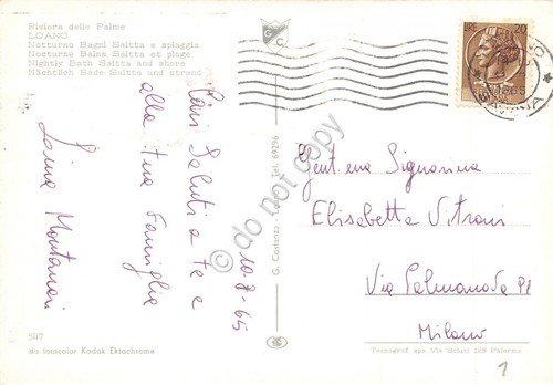 Cartolina Loano Bagni Saitta Spiaggia notturno 1965