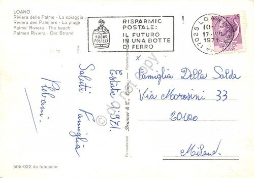 Cartolina Loano spiaggia dall'alto auto 1971 timbro risparmio postale (Savona)