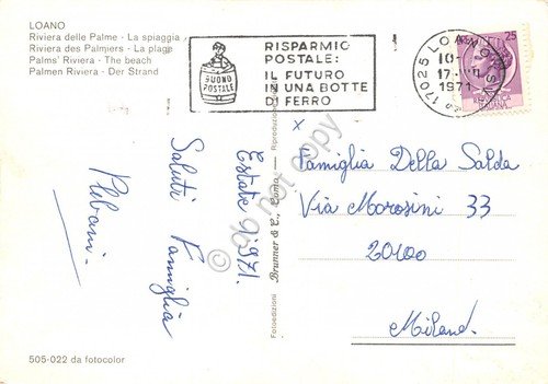 Cartolina Loano spiaggia dall'alto auto 1971 timbro risparmio postale (Savona) | Immagine Gallery 2