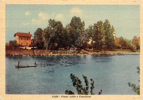 Cartolina Lodi Fiume Adda e Canottieri ingiallita