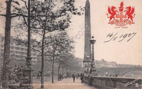 Cartolina London Cleopatra's needle Thames Embarkment stemma City Arms 1907