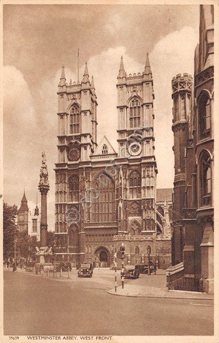 Cartolina London Westminster Abbey west front old cars 1952