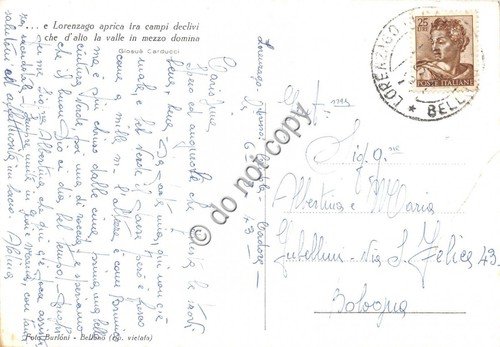 Cartolina Lorenzago Panorama versi Carducci al retro 1943 (Belluno)