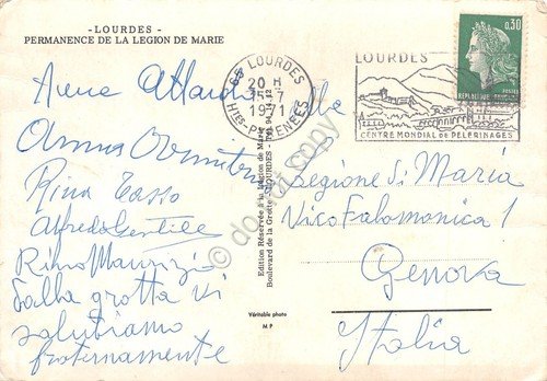 Cartolina Lourdes permanence de la legion de marie 1962
