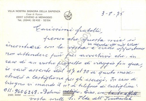 Cartolina Loveno di Menaggio Villa Nostra Signora della Sapienza 1975 | Immagine Gallery 2