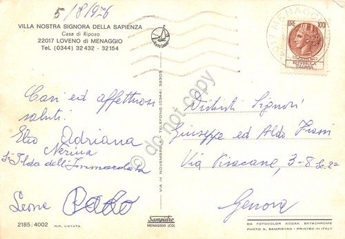 Cartolina Loveno di Menaggio Villa Nostra Signora della Sapienza 1976