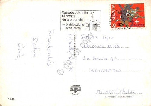 Cartolina Lugano vedute 1974 timbro distribuzione accelerata