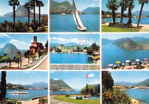 Cartolina Lugano vedute varie lago e panorama Timbro Lugano con …