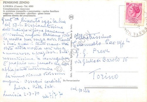 Cartolina Lurisia Pensione Zindo 4 vedute 1970