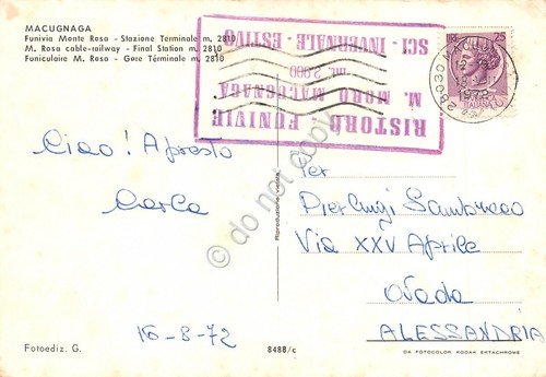 Cartolina Macugnaga Funivia Monte Rosa 1972 timbro ristoro funivia grinza