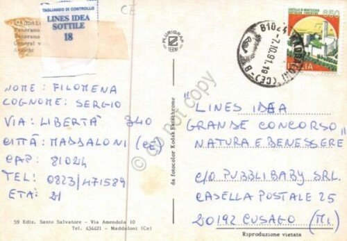 Cartolina Maddaloni panorama 1991 tagliando Lines (Caserta)