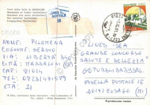 Cartolina Maddaloni Ponti Monumento ai Caduti 1991 tagliando Lines (Caserta)