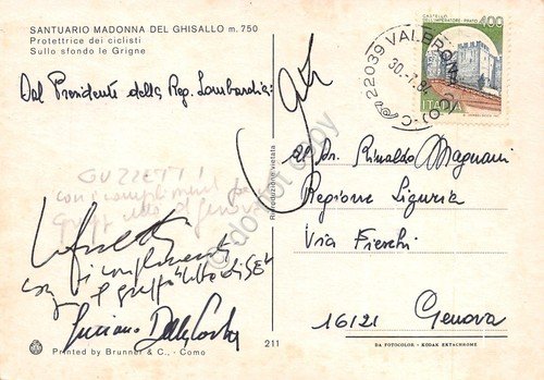 Cartolina Madonna del Ghisallo firma Guzzetti Presidente Regione Lombardia 1984