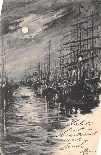Cartolina Marina con barche a vela notturno illustrata 1903 | Immagine principale