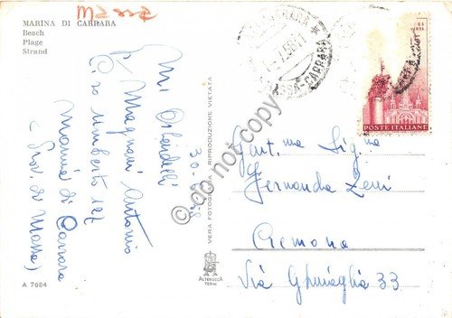 Cartolina Marina di Carrara Spiaggia 1958