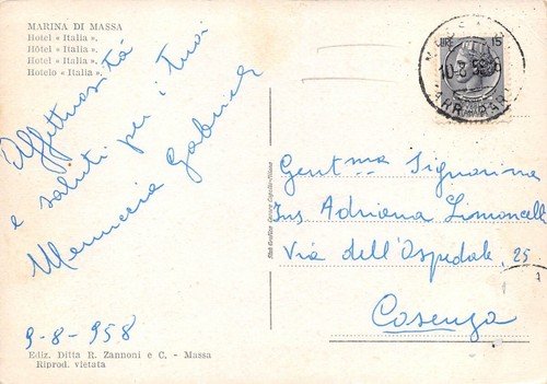 Cartolina Marina di Massa Albergo Italia 1958 animata