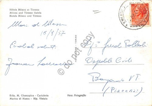 Cartolina Marina di Massa Albergo Milano Hotel Tirreno 1957