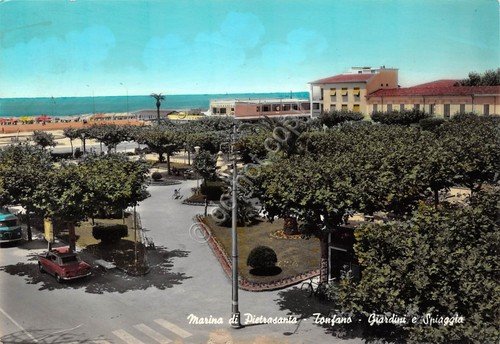 Cartolina Marina di Pietrasanta Tonfano giardini e spiaggia 1964 (Grosseto)
