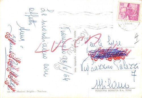 Cartolina Marina di Pietrasanta Tonfano giardini e spiaggia 1964 (Grosseto)