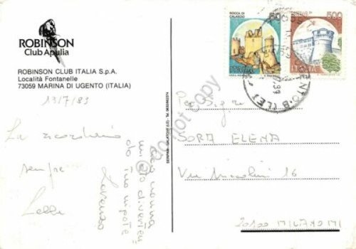 Cartolina Marina di Ugento località Fontanelle Robinson Club Apulia 1983
