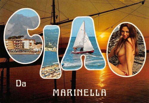 Cartolina Marinella di Sarzana grafica CIAO vista spiaggia vela pin … | Immagine principale