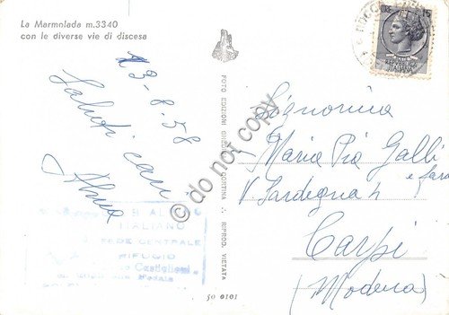 Cartolina Marmolada con diverse vie di Discesa 1958
