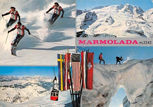 Cartolina Marmolada vedute crepaccio maestri sci bandiere funivia anni '80 | Immagine principale