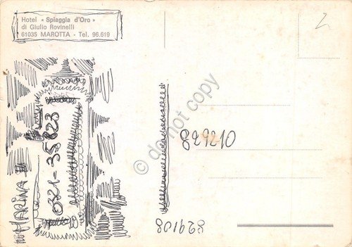 Cartolina Marotta Hotel Spiaggia d'oro dal mare Insegna Campari (Pesaro)