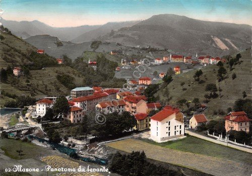 Cartolina Masone panorama da Levante colorata 1955 grinze macchie | Immagine principale