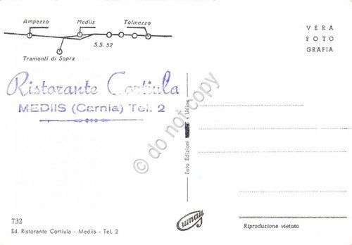 Cartolina Medis Carnia panorama timbro Ristorante Cartiula al retro