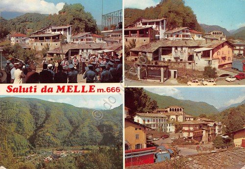 Cartolina Melle vedute varie banda case del paese 1982