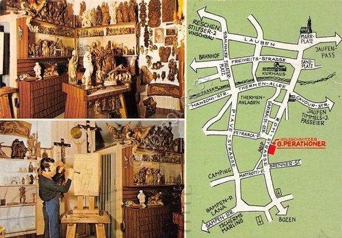 Cartolina Merano Bildhauer Gottfied Perathoner vedute e mappa 1990 | Immagine principale