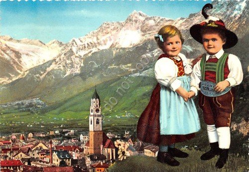 Cartolina Merano Panorama bambini in costume tradizionale colorata