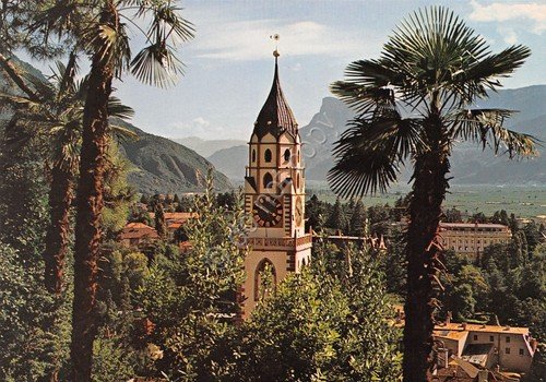 Cartolina Merano Panorama case campanile monti anni '80