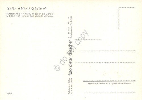 Cartolina Merano Panorama case campanile monti anni '80