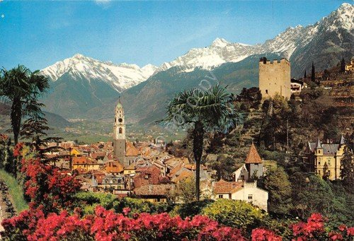 Cartolina Merano Panorama case chiesa monti anni '80