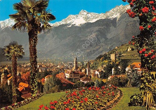 Cartolina Merano Panorama case chiesa monti giardino anni '80