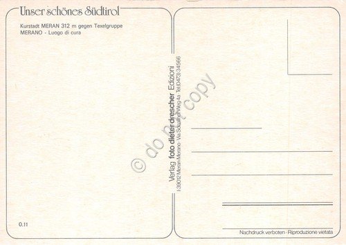 Cartolina Merano Panorama case chiesa monti giardino anni '80