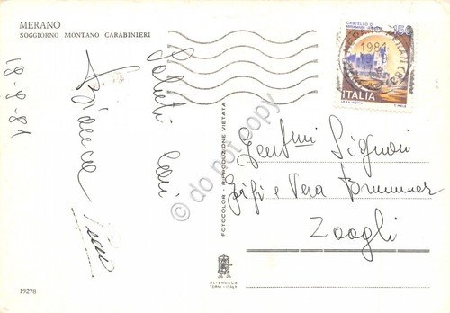 Cartolina Merano Soggiorno montano Carabinieri animata 1981