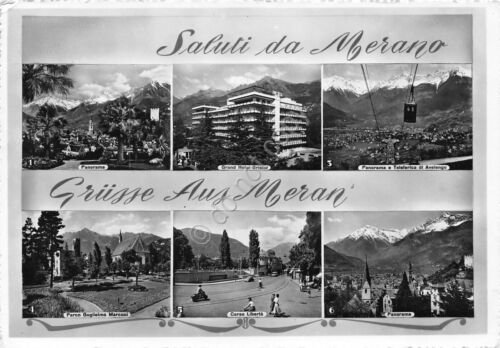 Cartolina Merano varie vedute 1957 (Bolzano)